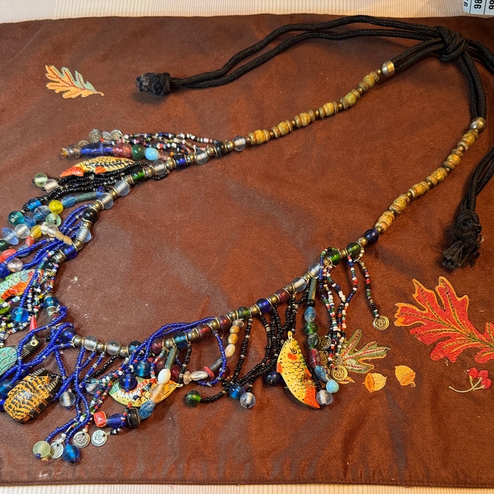 African beaded necklace wood, metal and glass seed beads . 🐈‍⬛